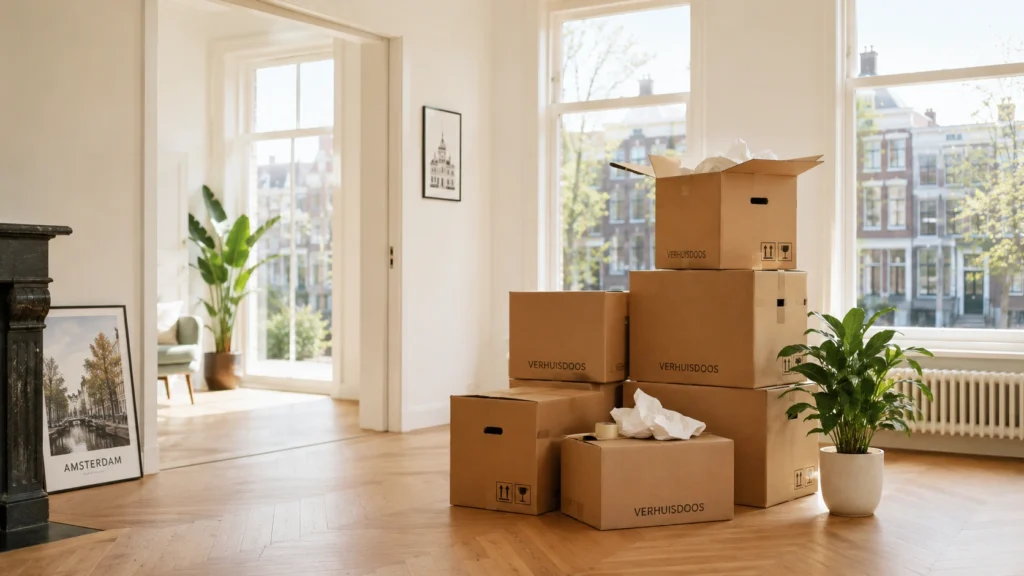 Moving boxes stacked in an Amsterdam Apartment
