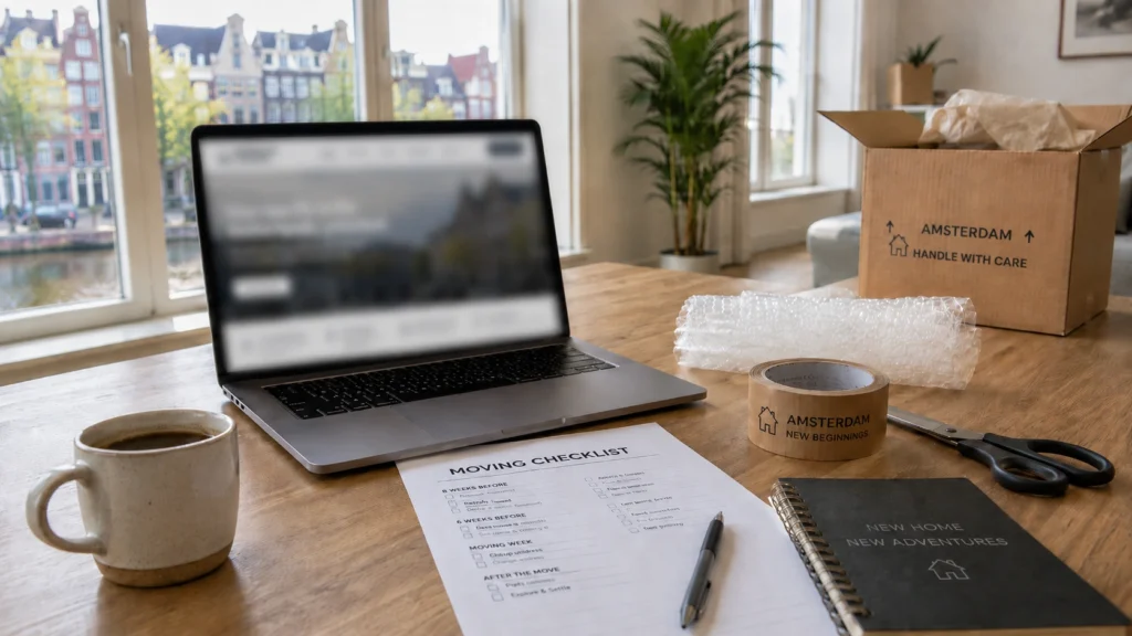 Laptop and moving checklist on a desk, planning a relocation to the Netherlands