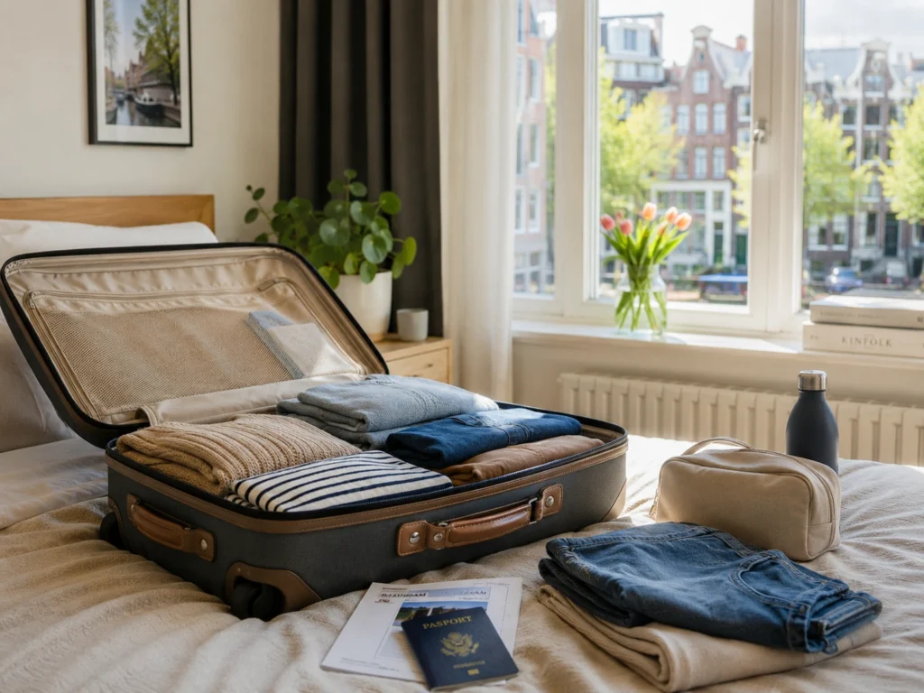 Open suitcase on bed with clothes packed and passport on the bed